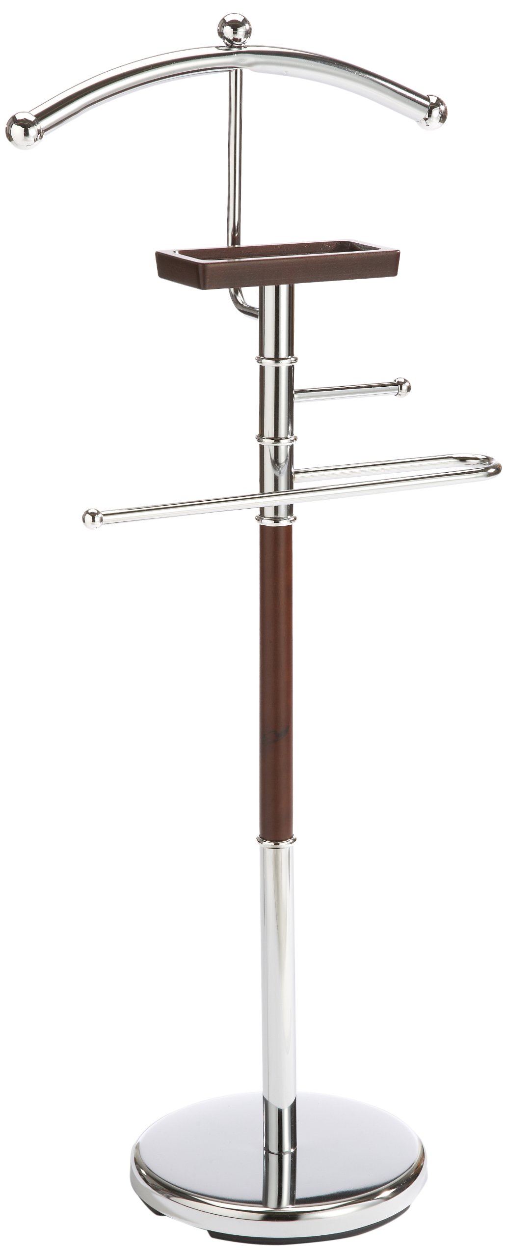 axentia Godiva Floor Standing Clothes Valet, High Gloss Standing Suit Hanger, Chromed Metal Valet Stand with Hanging Rail, Wooden Accessory Tray, Tie Holder and Stable Base,28 x 44 x 108 cm, Silver