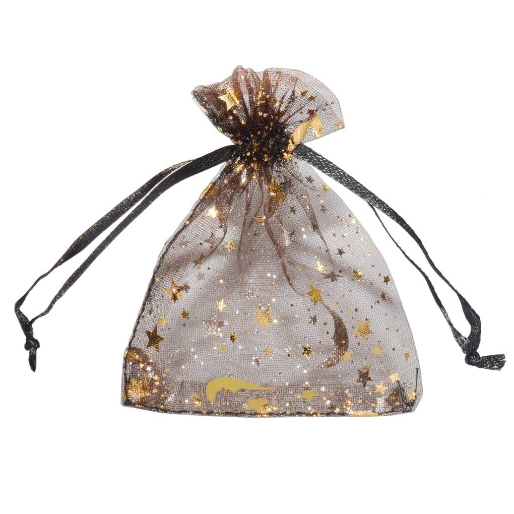SUNGULF 100Pcs Sheer Organza Drawstring Pouches Stars and Moon Wedding Party Favor Jewelry Candy Gift Bags (3x4 inch, Black)