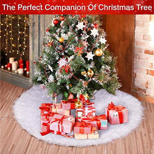 Joyjoz Christmas Tree Skirt, Small/Large White Christmas Tree Skirt (30 Inch) with 48 PCS Stickersï¼ŒLuxury Faux Fur for Christmas Decorations Holiday, Xmas Ornaments