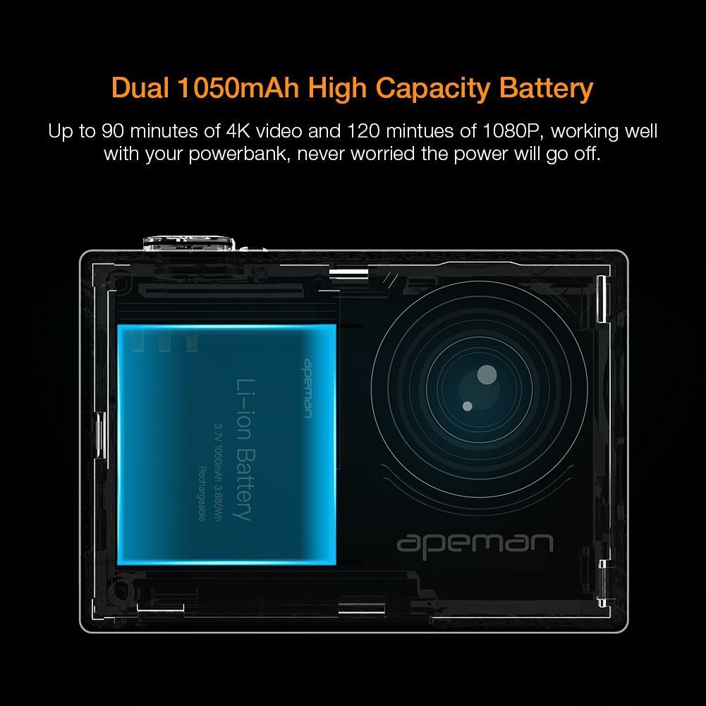 APEMAN Action Cam 4K WIFI Camera 16MP Ultra Full HD Unterwasser Kamera Helmkamera Wasserdicht mit 2.4G Fernbedienung 2 verbesserten Akkus und Montage Zubehör Kit