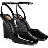 CAGLGLZ Peep Toe Wedges Sandals for Women Square Open Toe Buckle Ankle Strap Wedge Heels Patent Leather Slip-on Slingback Pumps Sexy Dressy Summer Shoes(Black,8.5)