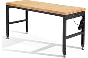 HABUTWAY Height Adjustable Workbench 60" 2000 Lbs Capacity Solid Wood Work Station Heavy-Duty Work Tables with Power Outlets for Garage Party Shop Office