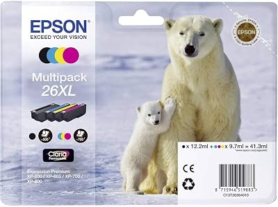 Epson 26XL Polar Bear High Yield 4 Colour Claria Premium Ink Cartridge Multipack