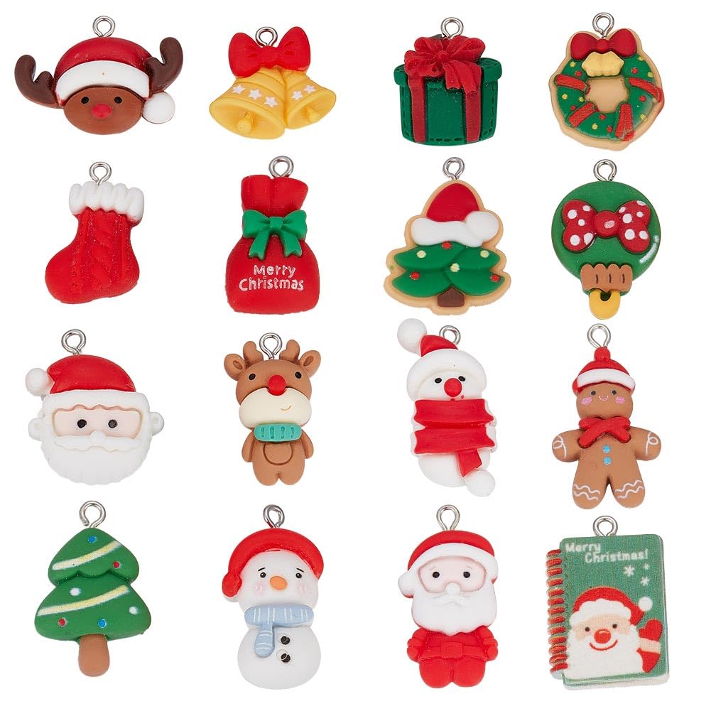 SUNNYCLUE 1 Box 32Pcs 16 Styles Snowman Charms Bulk Snowflake Charm Christmas Tree Resin Holiday Cabochon Santa Claus Trees Charm for jewellery Making Charms Findings DIY Necklace Earring Women Adults