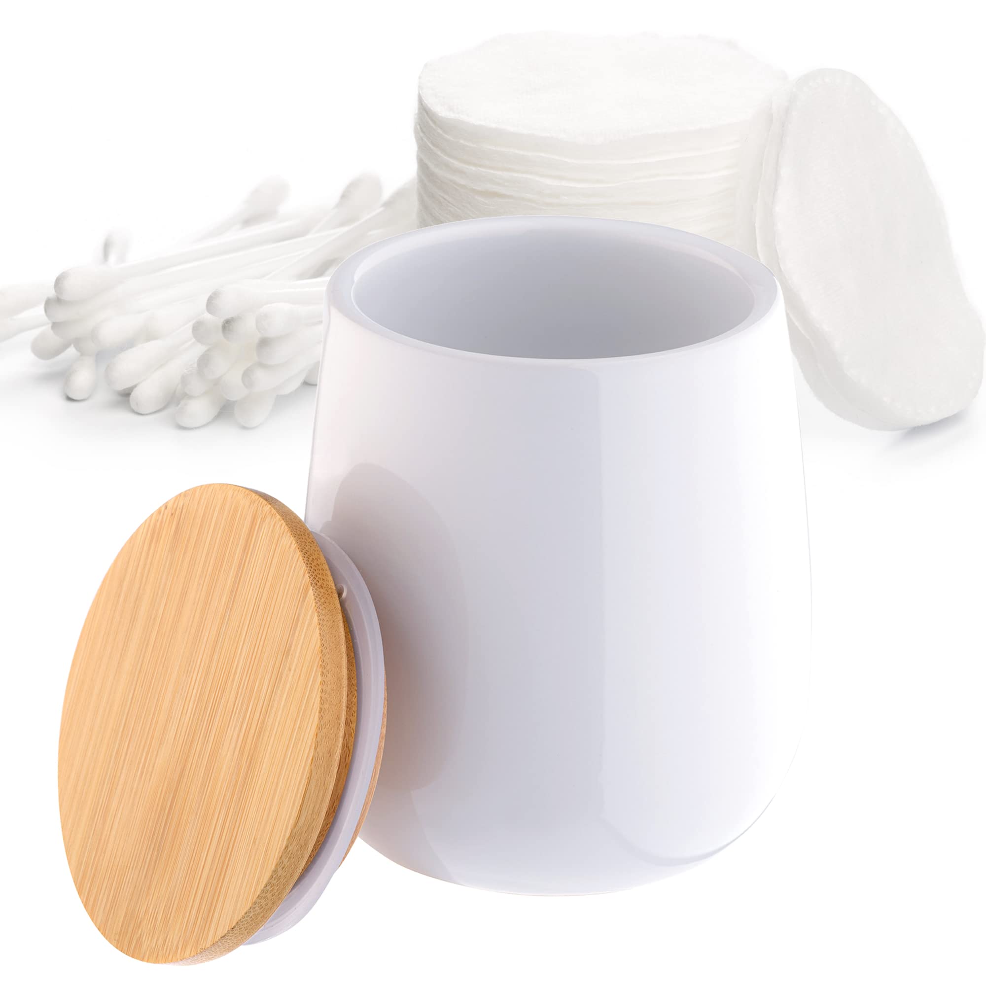 KADAX Bathroom Container, Ceramic Cotton Pad Holder with Bamboo Lid, Small Bathroom Canister for Cotton Buds, Bobby Pins, Stylish Bathroom Organiser (White)