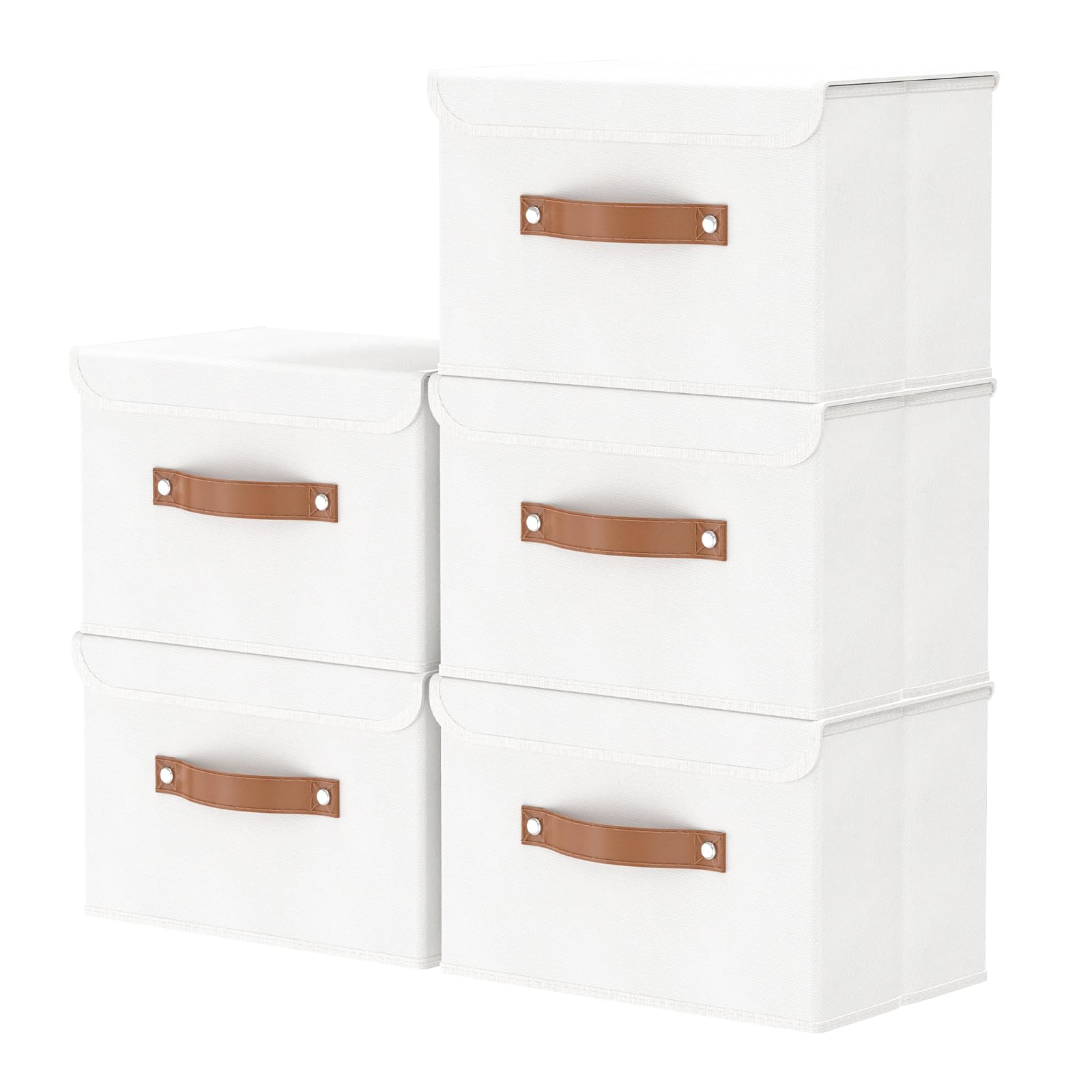 OUTBROS Collapsible Storage Box with Lid, Linen Fabric Clothing Shelf Basket Bins Box For Towels, Clothes 38x25x25 cm (White, 5-Pack) — image 1