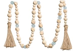 OMISHE Wood Bead Garland with Tassels 52 Inches, Octagonal Handmade Wooden Beads with Blue Acrylic Beads, Boho Wooden Beads Home Decor, Farmhouse Beads Garland for Tiered Tray Decor Beach Decor