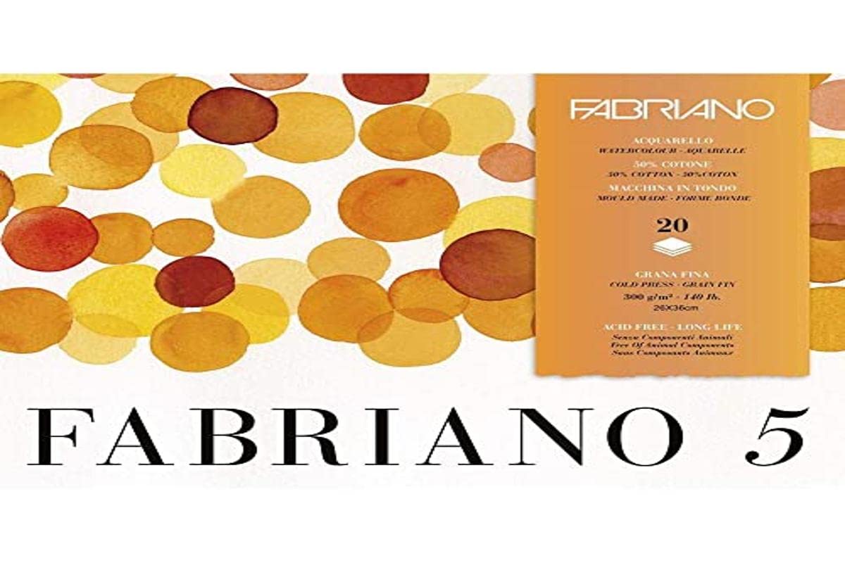 Fabriano Honsell 19100259 Fabriano "Disegno 5" High-Quality Handmade Paper - Watercolour Cardboard, Natural White, Fine Grain, 300 g/m², 26 x 36 cm, 20 Sheets, Block Glued on 4 Sides, Chlorine and