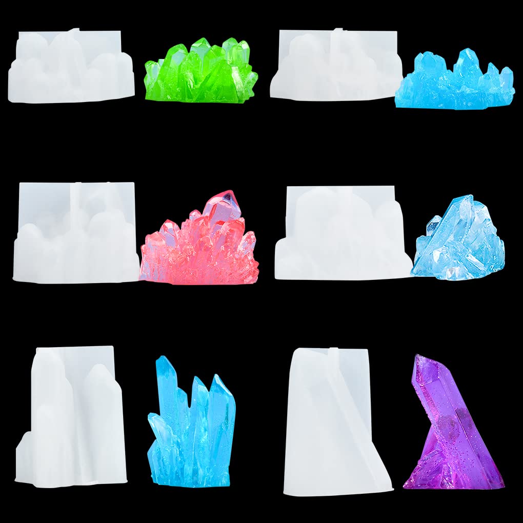 FineInno 6 Pcs Crystal Cluster Resin Moulds Quartz Rock Epoxy Mould for Casting Druzy Isomalt Gems Silicone Mould for DIY Candle Fondant Cake Decoration Polymer Clay