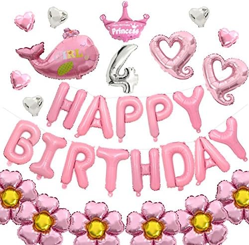 Foil Kids Happy Birthday and Age Number Balloons Set – Number, Letters, Pump, Ribbons, Tape – Girls, Boys (Pink, 4)