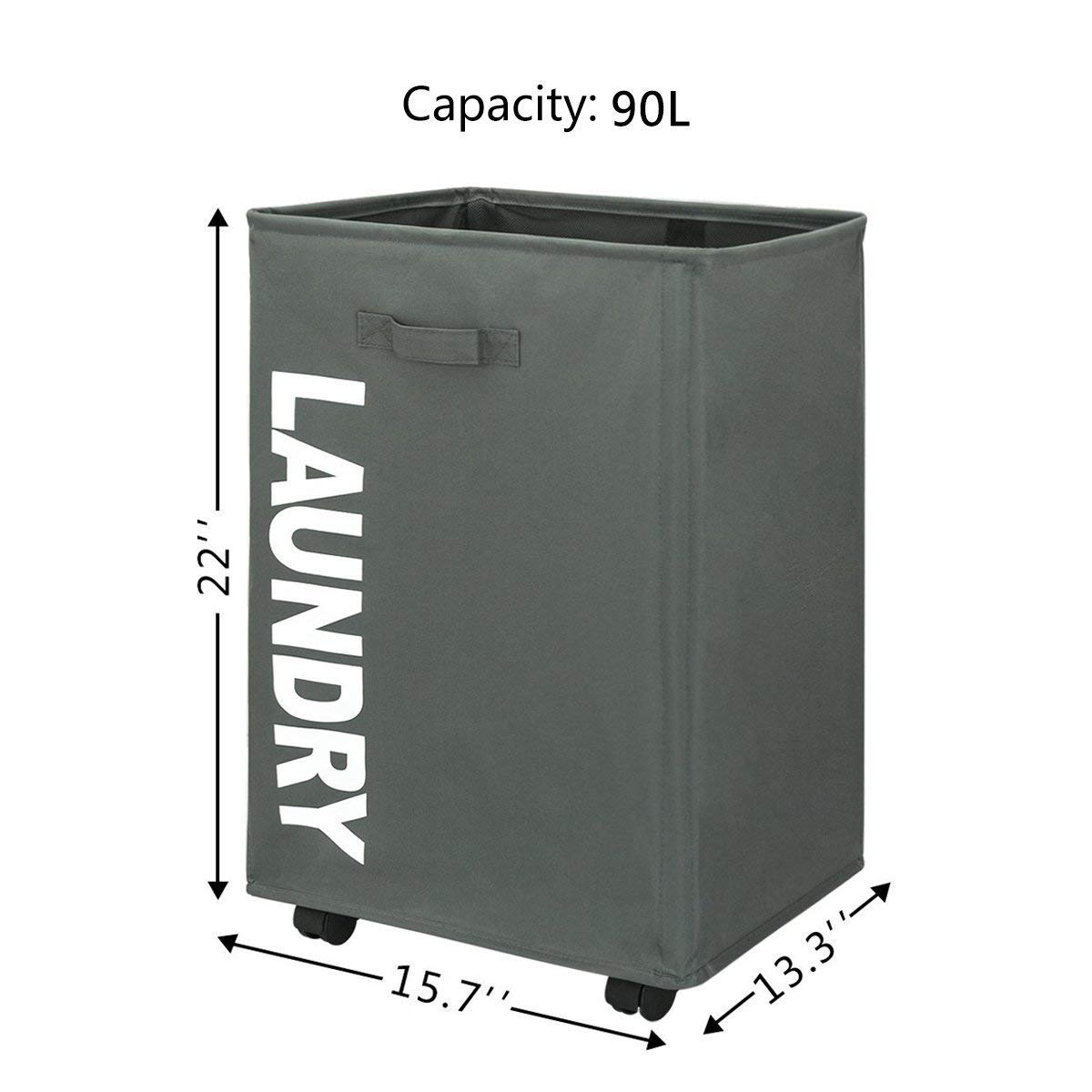 WISHPOOL Large Rolling Stand Folding Slide Laundry Basket Square Collapsible Waterproof Dirty Mesh Laundry Hamper Bin Organizer Storage on Wheels (Grey)