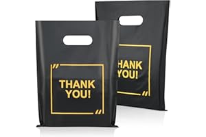 GOCLIMBER 50 Pack Die Cut Plastic Shopping Bags with Thank You Logo 9x12 Merchandise Bags Extra Thick Glossy and Shopping Bags for Retail,Boutique Bags with Handles for Merchandise, Gifts, Trade Shows