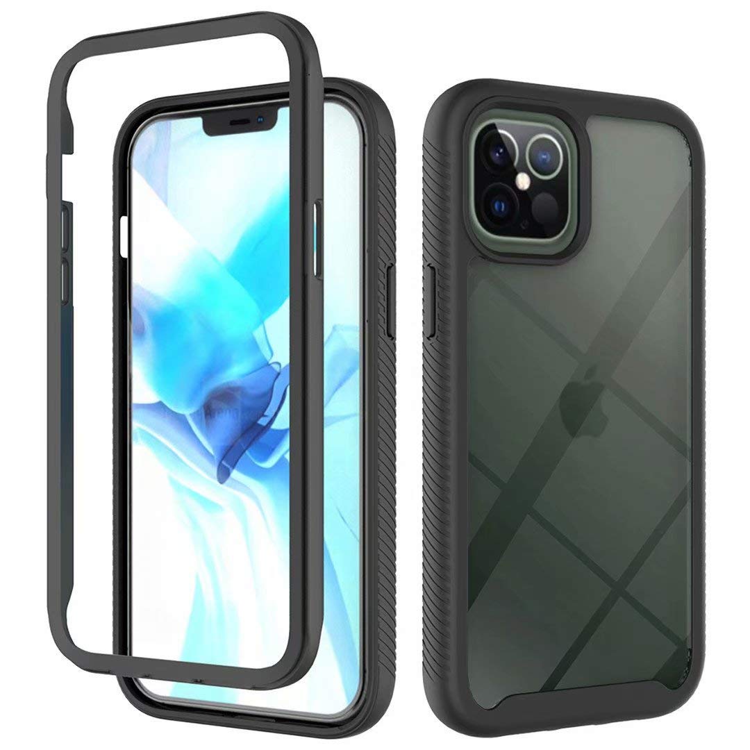 WJMWF Compatible with iphone 12 Pro Max Case [Screen Protector] 360° Full Body Shockproof Transparent Back Cover Hybrid Flexible Soft TPU Silicone and Hard PC Case-Black