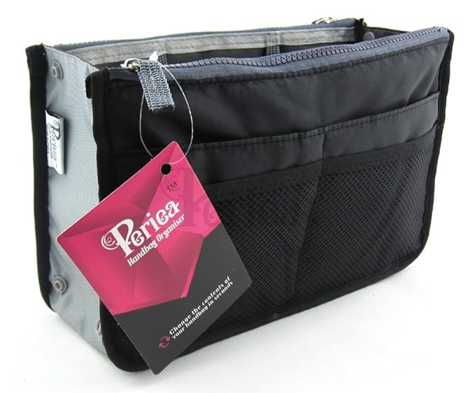 Periea Organizador de Bolsos Bosillo para Cartera 12 Compartimentos - 20 Colores – Chelsy - Pequeña, Medio o Grande (Negro, Medio)