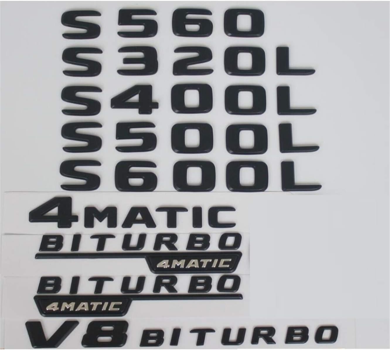 Flat Matt Black Trunk Letters Badges Emblem Emblems for Mercedes Benz S320L S400L S560 S500L S600L S550 S500 V8 BITURBO 4MATIC (W221 Rear Star Badge)