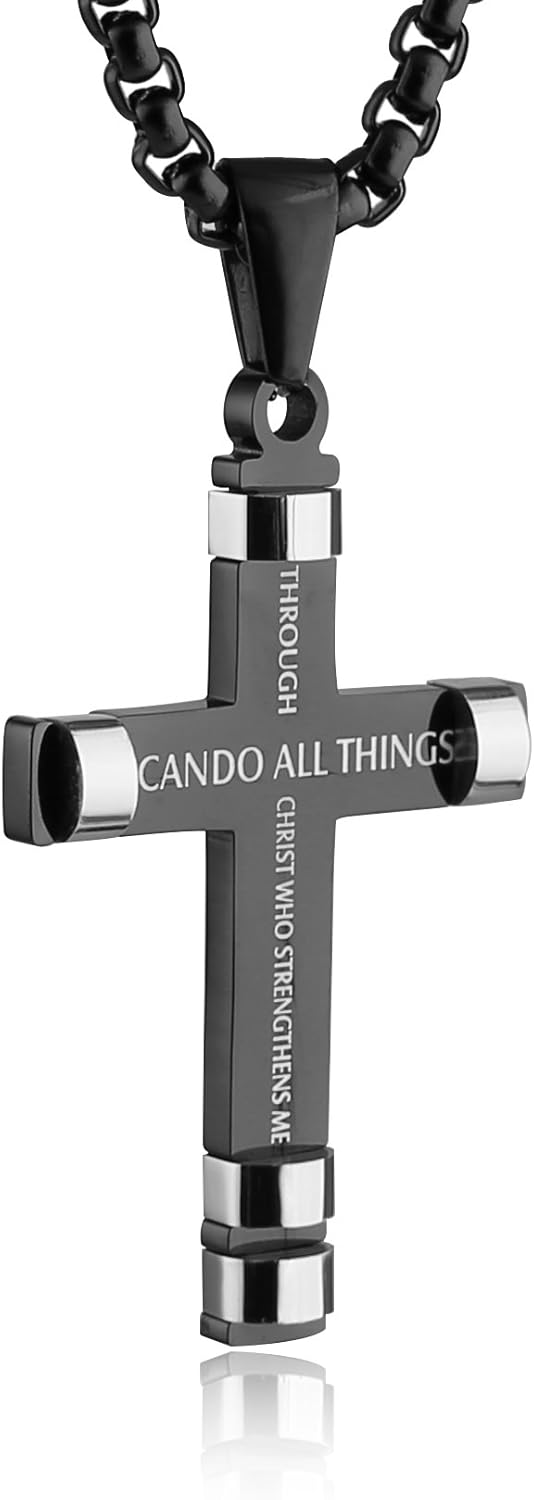 HZMAN Philippians 4:13 Cross Pendant STRENGTH Bible Verse Stainless Steel Necklace 3 Colors Available (Black) | 