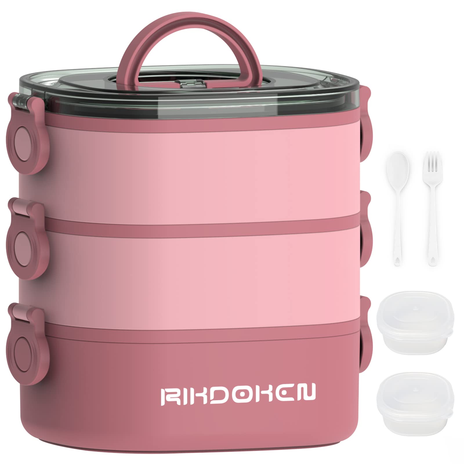 Lunch Box, Stackable 3 Layers Containers, Portable 98OZ Large Capacity Leakproof Bento Box with Spoon & Fork & Sauce Boxes, Microwave Safe Lunch Box for Kids and Adults Pink