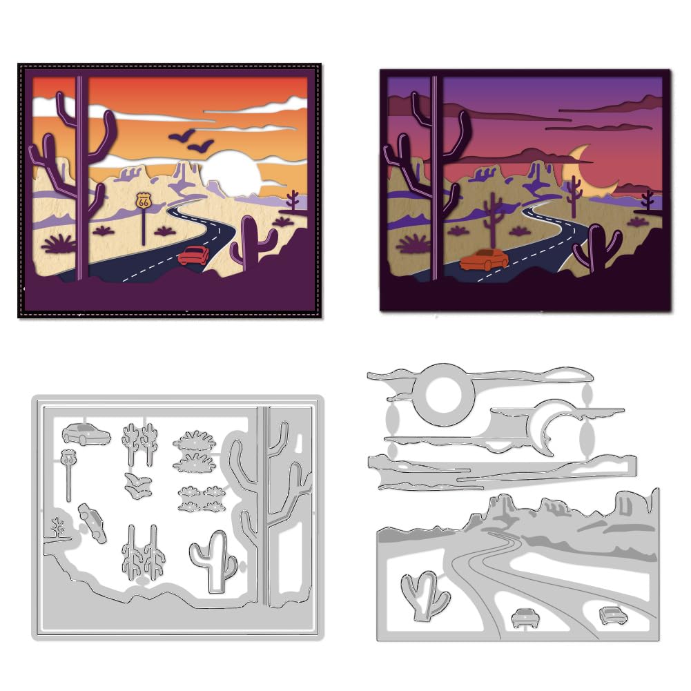 DELORIGIN Sunset Night Sky Cutting Dies Card Making Highway Desert Trip Cut Stencil Carbon Steel Die Cuts Card Scrapbooking Embossing Template for Cards Paper Craft Making Album Invitation Gift Decor