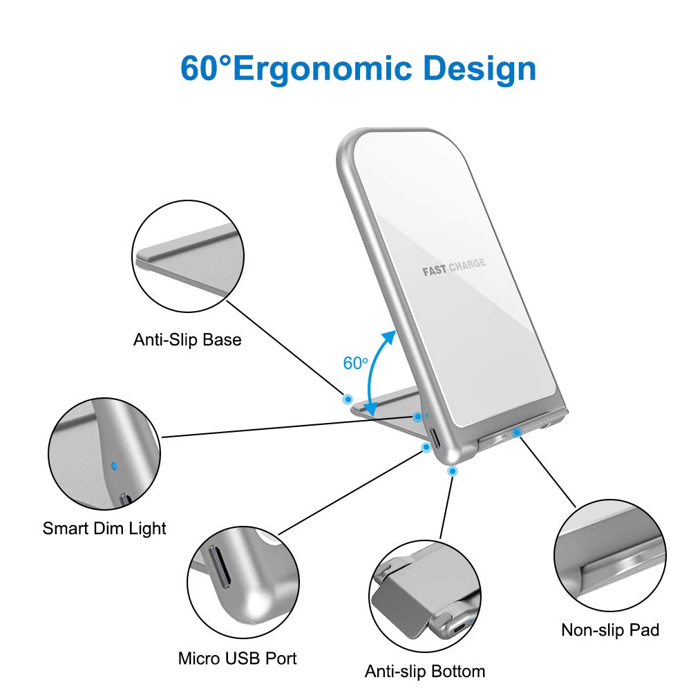KZY Fast Wireless Charger Stand, QI Certified Wireless Charger Compatible for iPhone X/8/8+, Folding Wireless Stand Charger for Galaxy S9/S9+ S8/S8+ S7/S7 Edge, White (with QC 3.0 AC Adapter)
