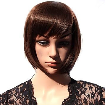 Hsg Fashion Lady Bob Wigs Fluffy Dark Brown Wigs Oblique Bangs