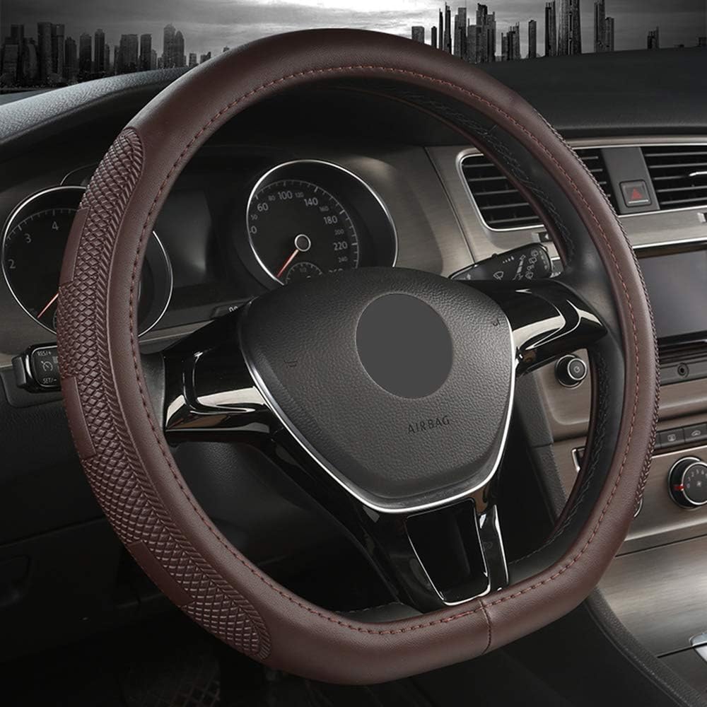 Sholer D Shape Steering Wheel Cover Compatible with Car Fit Diameter 14.5-15 inch Anti-Slip Lines,Durable Microfiber PU Leather Steering Wheel Cover Four Season Universal and Easy to Install (COFFEE)