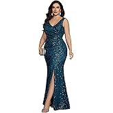 BluePlum Plus Size Cocktail Dress for Women, Sleeveless V-Neck and Ruched with Split Maxi Wedding Guest Dress