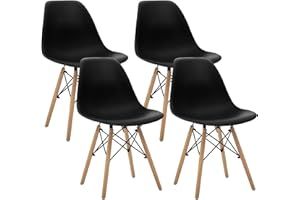 CangLong Modern Mid-Century Shell Lounge Plastic Natural Wooden Legs for Kitchen, Dining, Bedroom, Living Room Side Chairs, Set of 4, Black