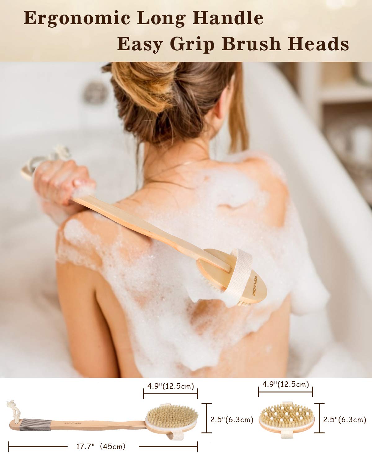 Shower Brush, POPCHOSE Detachable Dry Brushing Body Brush for Body Cellulite and Lymphatic, Back Scrubber for Shower Long Handle Natural Bristle Exfoliator Scrubber, Dual Brush Heads for Women & Man : Beauty