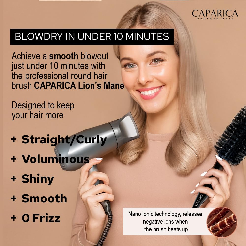 CAPARICA Lion's Mane - Ionic Profesional round hair brush 100% natural boar bristles for blowdry. Thermal with maple wood. For Thin & Thick Hair. Barrel brush for styling. Portuguese brand Ø45