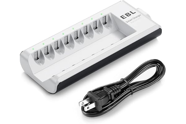EBL AA AAA Battery Charger, 8-Bay Individual Charger for NiMH NiCD Rechargeable Batteries with AC Plug Fast Charging RC Batte