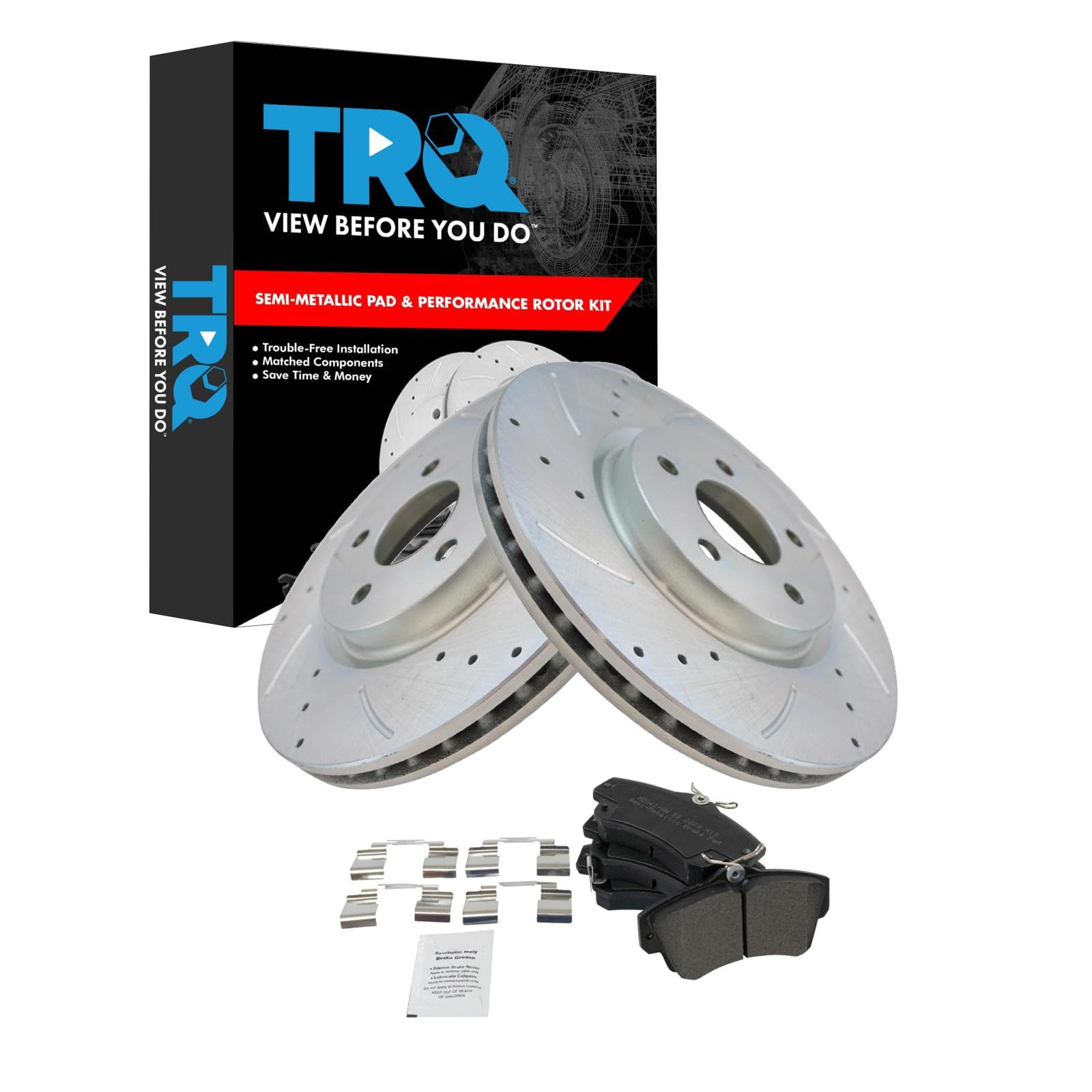 TRQ Front Brake Pad and Rotor Set Semi Metallic Coated Drilled Slotted Vented Rotors Compatible with 2001-2010 Chrysler PT Cruiser Image