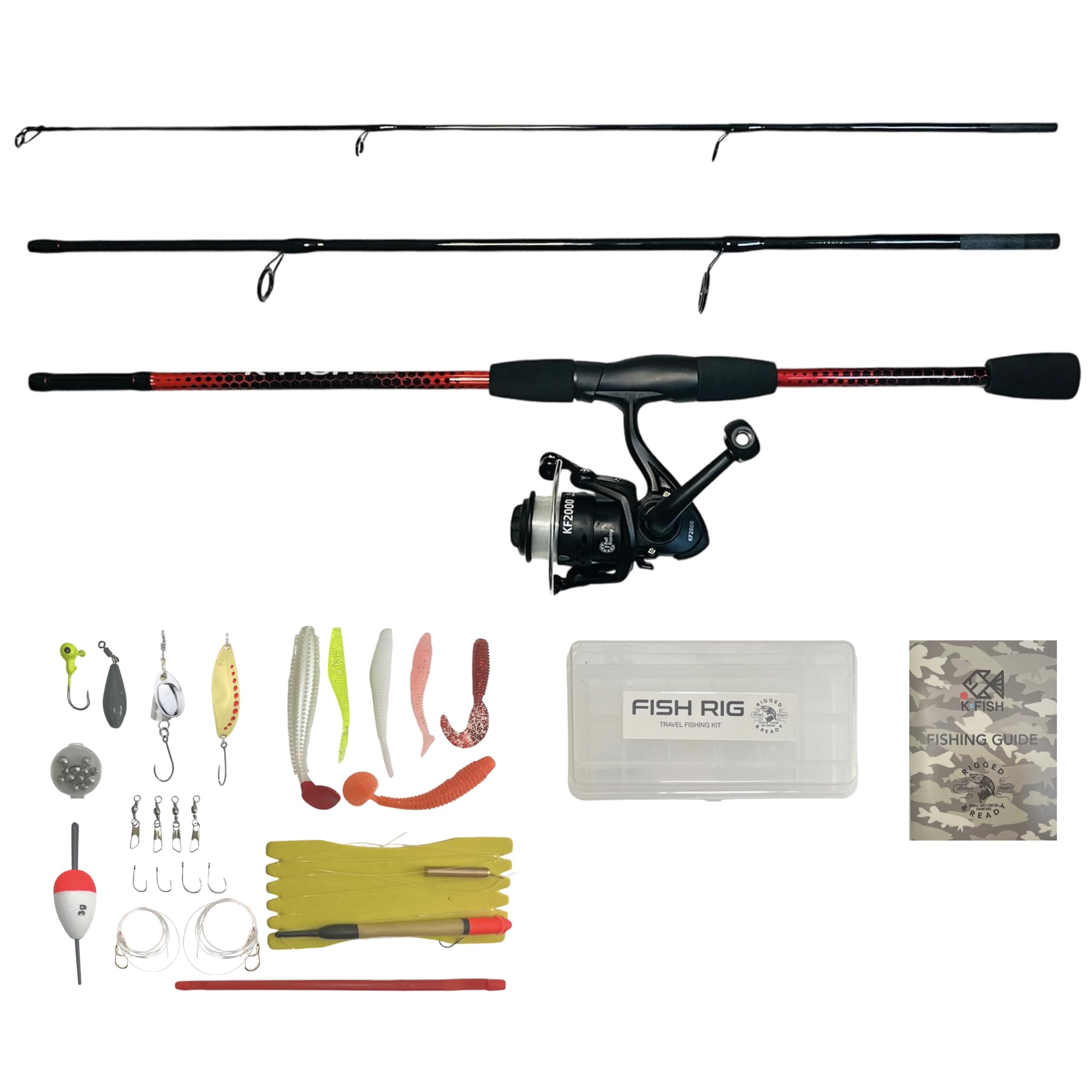 Rigged and Ready K Fish Fishing Combination Set. Rod. Compact 3 Section 170cm 5’7” Rod Reel Line Tackle Box and Tackle + Fishing Guide Combo. Lures spinners hooks weights. Fishing freshwater saltwater