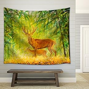 Original Oil Painting of Deer with a Small Deer in The Autumn Forest on Canvas - Fabric Wall Tapestry Home Decor - 51x60 inches