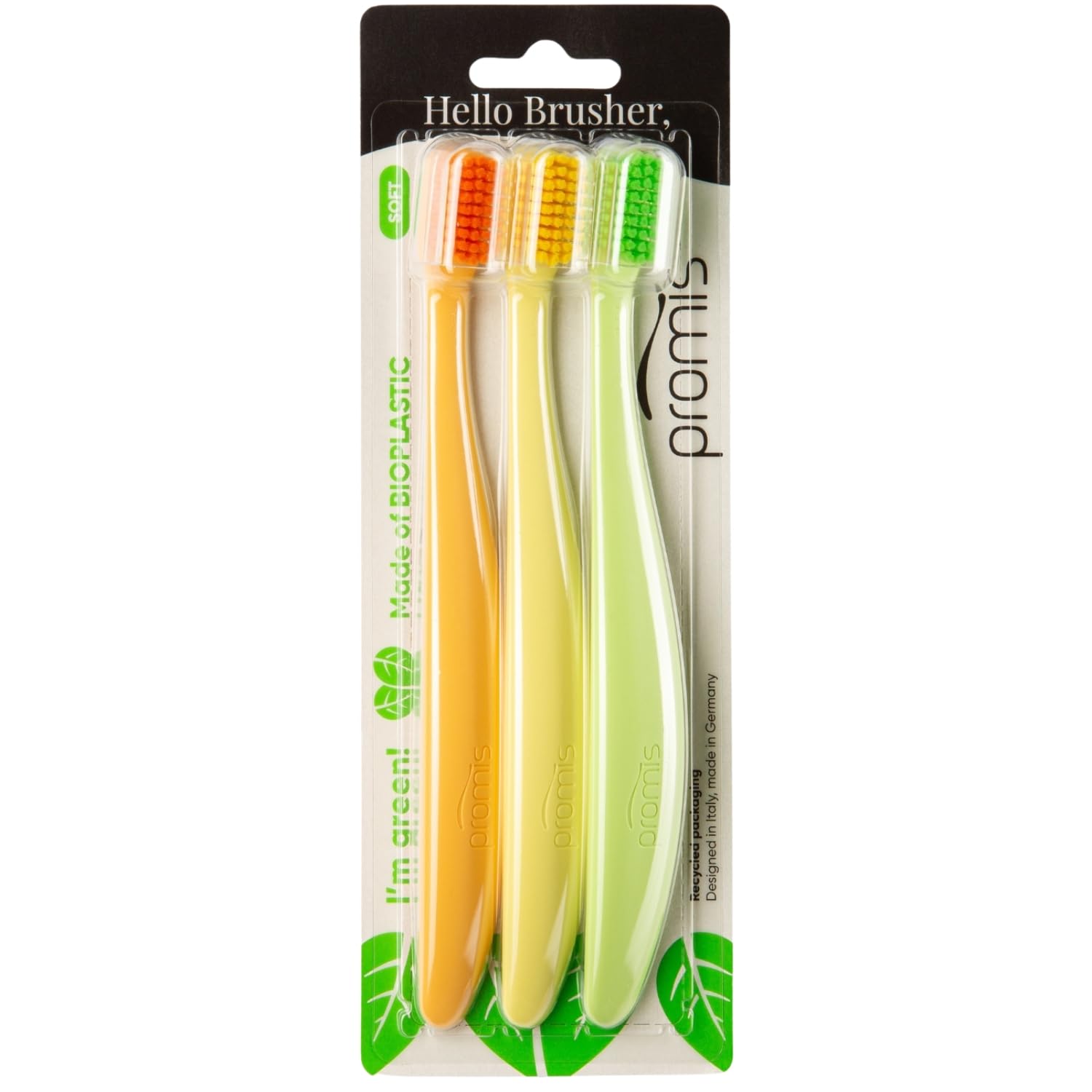 promis Brush Sustainable Toothbrush Made from Renewable raw Materials | bioplastic | Soft 6750 bristles | Recycled Packaging | Made in Germany | Italian Design | Ergonomic Handle (triopack, Color)