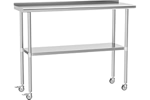 HOCCOT Stainless Steel Prep & Work Table with Adjustable Shelf, Backsplash and Wheels, Kitchen Island, Commercial Workstations, Utility Table in Kitchen Garage Laundry Room Outdoor BBQ, 18" X 48"