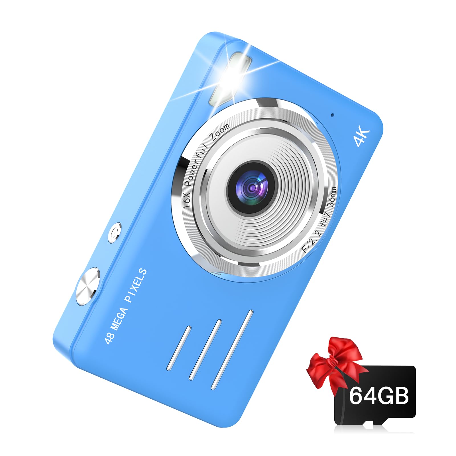 Photo 1 of Digital Camera, Kids Camera with 64GB Card, 1080P FHD Compact Small Point and Shoot Camera for Photography, 16x Zoom, Autofocus, Flash, Anti-Shake, Gift for Children Teen Beginner Girl Boy, Blue