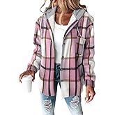 CHICME Womens Lightweight Casual Jacket Plaid Long Sleeve Shacket Fleece Lined Hooded Jackets Warm Coat