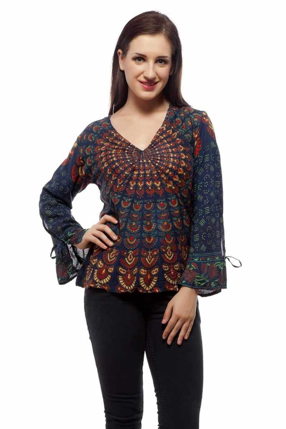 indi bargain rayon rajasthani mandala hand block printed top &ndash; medium size