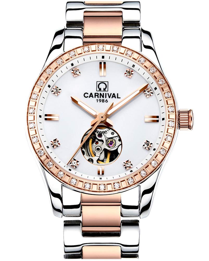 Carnival Womens Skeleton Automatic Mechanical Synthetic Sapphire Crystal Rose Gold Stainless Steel Lady Sapphire Waterproof White Watch, rose gold/white face, fashion