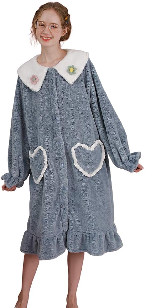 Amazon Nini ルームウエア ワンピース レディース 冬 暖かい モコモコ ネグリジェ かわいい ロング 長袖 ゆったり 厚手 部屋着 ブルー ルームワンピース ネグリジェ 通販