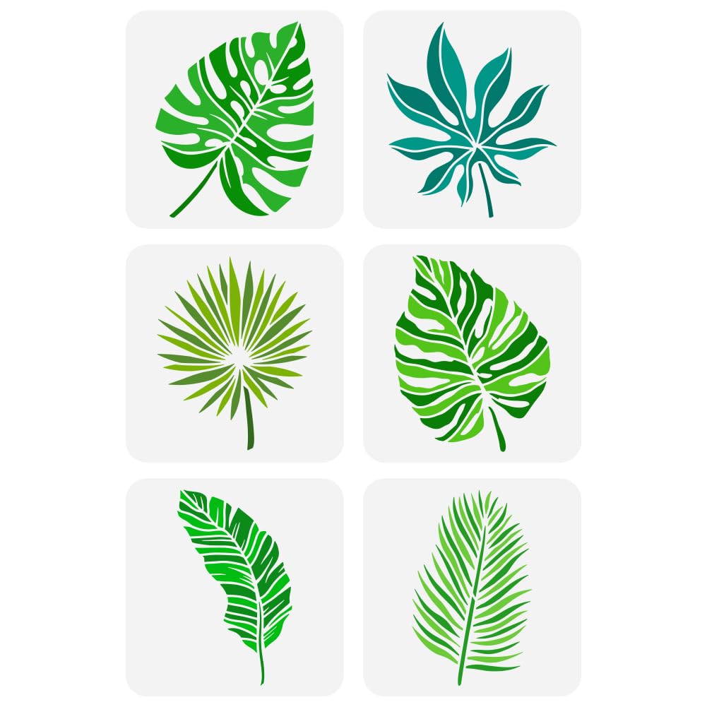 FINGERINSPIRE 6Pcs Tropical Leaves Painting Stencil 20x20cm Monstera Ceriman Rubber Grass Palm Leaf Spraying Stencil Plants Themes Spraying Stencils Reusable Leaves Pattern Wall Hollow Out Stencils