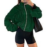 Yousify Womens Lightweight Bomber Jacket Oversized Batwing Sleeve Zip Up Stand Collar Ruched Coat Jackets with Pockets