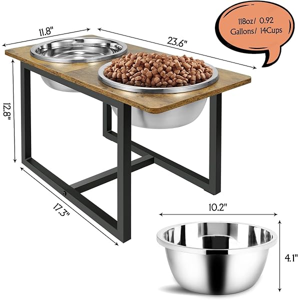 ELEVATED DOG BOWLS FOR LARGE DOGS, RAISED DOG BOWL STAND WITH TWO X-LARGE STAINLESS STEEL BOWLS FOR DOGS, 3.5L CAPACITY, RUSTIC BROWN