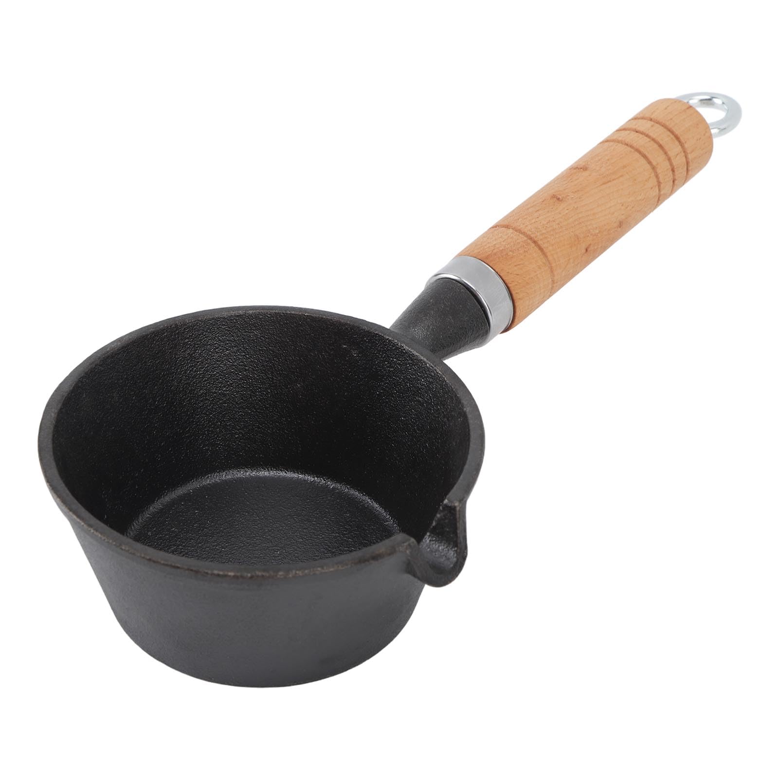 Photo 1 of Tomotato Cast Iron Melting Pot, 5 in Mini Cast Iron Skillet Pre Seasoned Egg Frying Pan Soup Sauce Pan Heating Pot with Spout and Wood Handle for Kitchen Restaurant(13 * 5cm)