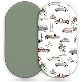 GRSSDER Stretchy Ultra Soft Fitted Bassinet Sheet Set 2 Pack, Universal Fit for Bassinets Baby Cradle Moses Basket Oval Rectangle Mattress Safe and Snug, Stylish Bassinet Sheets of Cars Print for Boys