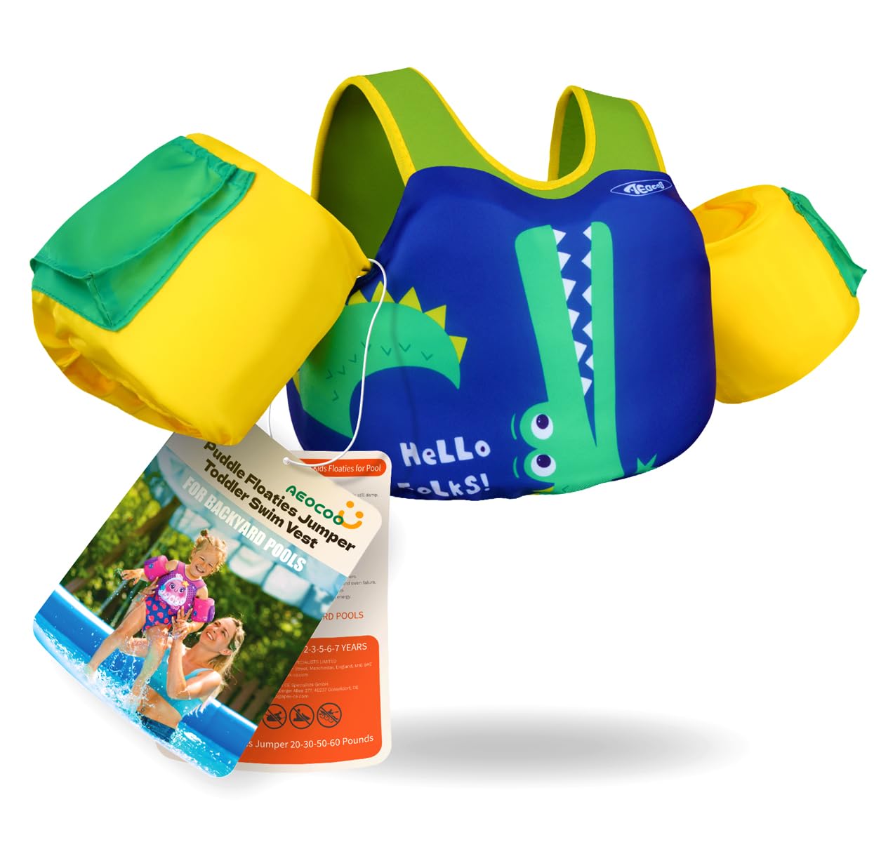 AEOCOO Puddle Float Jumper 20-30-50 Pounds, Toddler Swim Vest for 1-3-5 Years Old, Pool Floats with Swimming Arm Floaties Swim Jacket with Water Wings for Kids Swimmies, Boys, Girls, Niños, Crocodile Image