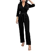 Yiershu Jumpsuits for women Elegant Jumpsuits V Neck 3/4 Sleeve Straight Belted Long Pants Business Suits Set with Pockets