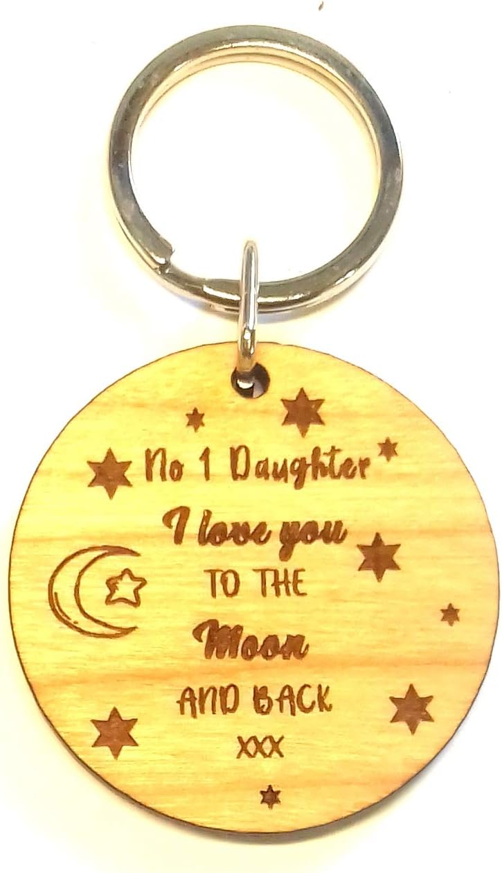 No 1 Daughter Love You to The Moon and Back Round Wooden Wood Keyring Key Ring I, Brown, 40mm x 5mm x 40 millimetres
