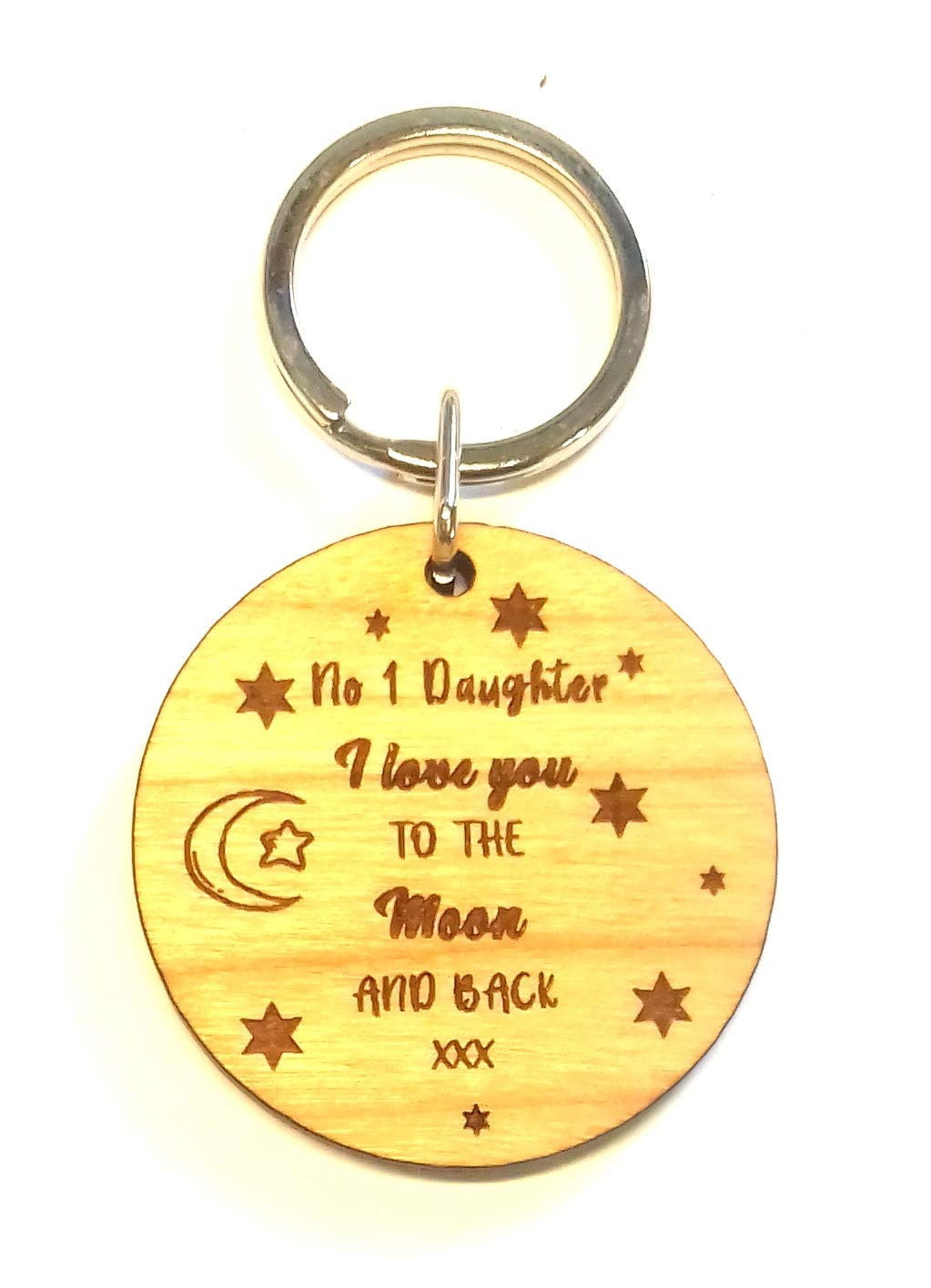 No 1 Daughter Love You to The Moon and Back Round Wooden Wood Keyring Key Ring I