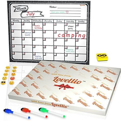 SALE PRICE while Stock Last - VINTAGE DESIGN 16X12 MAGNETIC DRY ERASE CALENDAR WHITEBOARD PLANNER for KITCHEN FRIDGE by Lovellio + BEST FREE BONUS: 3 Markers, 1 Eraser and 10 Emojis &amp; GIFT BOX